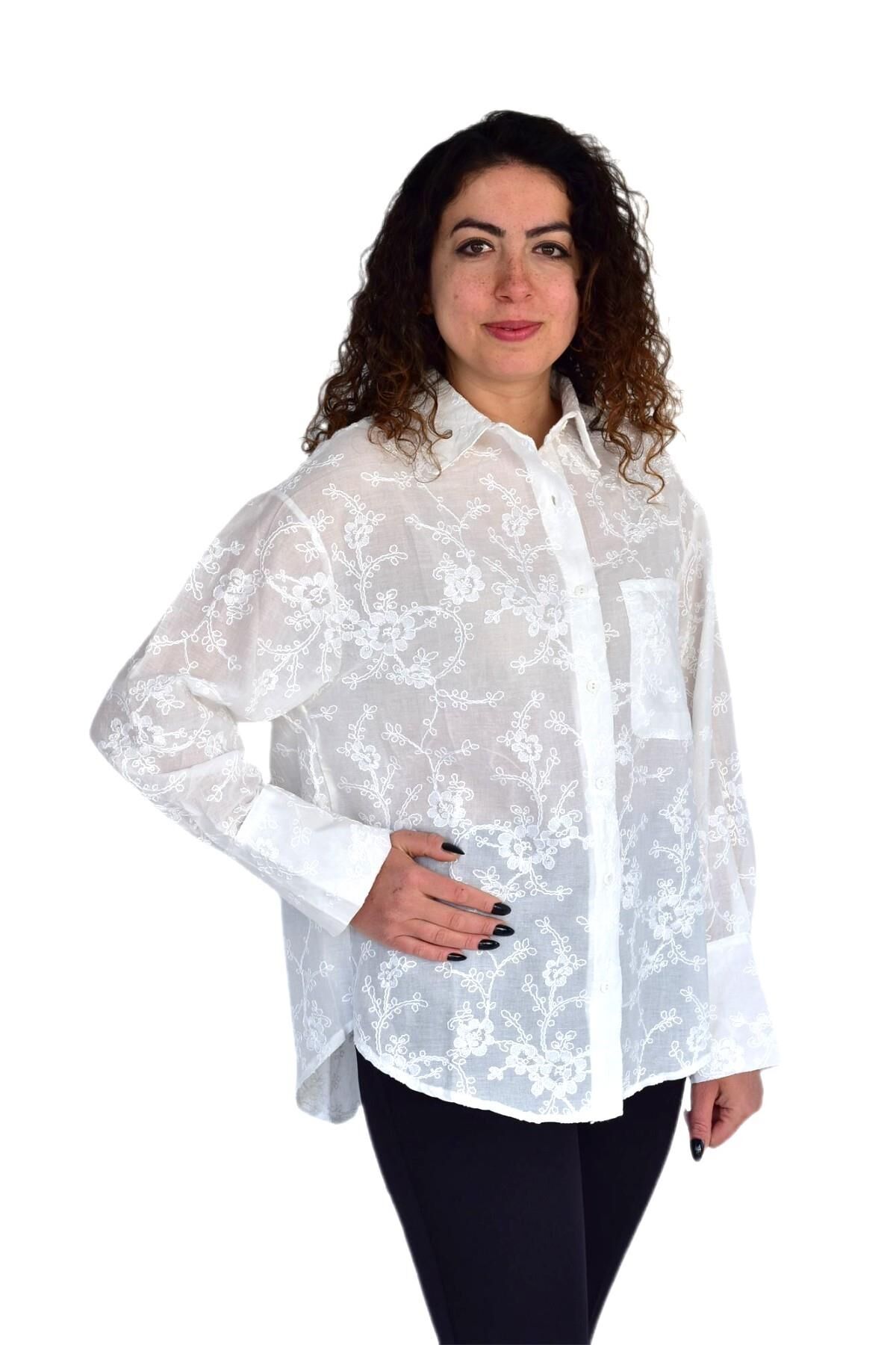 Kadın Yazlık Otantik Çiçekli Gömlek BGL-ST04249 EKRU - S