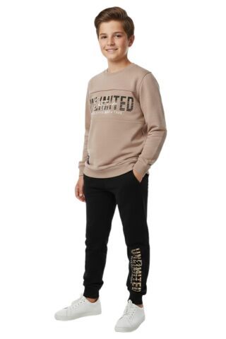 Erkek Çocuk Önü Baskılı Sweatshirt Ve Eşofman Alt Takım BGL-ST05247 BEJ - 13 YAŞ