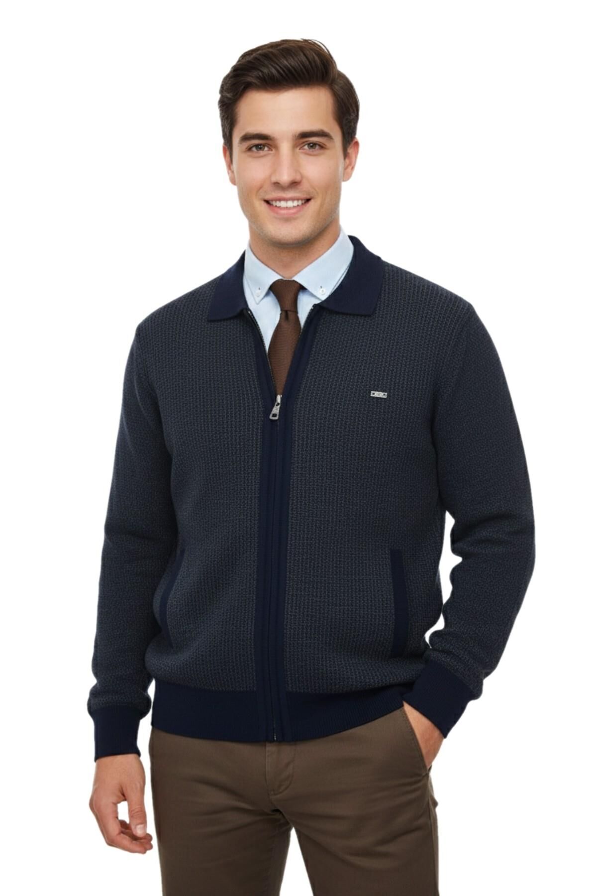 Erkek Polo Yaka Astarlı Triko Mont Fermuarlı 5208P BGL-ST05019 LACİVERT - L