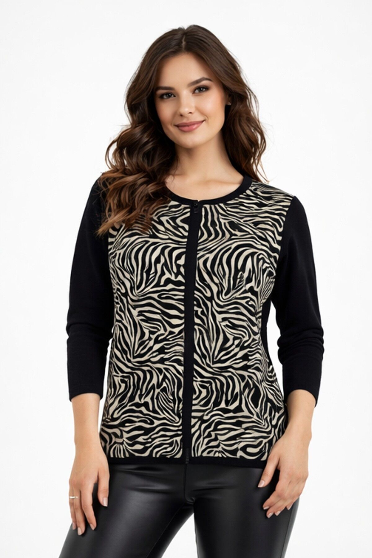 Kadın Zebra Desen Triko Kazak BGL-ST05286 KREM - 2XL