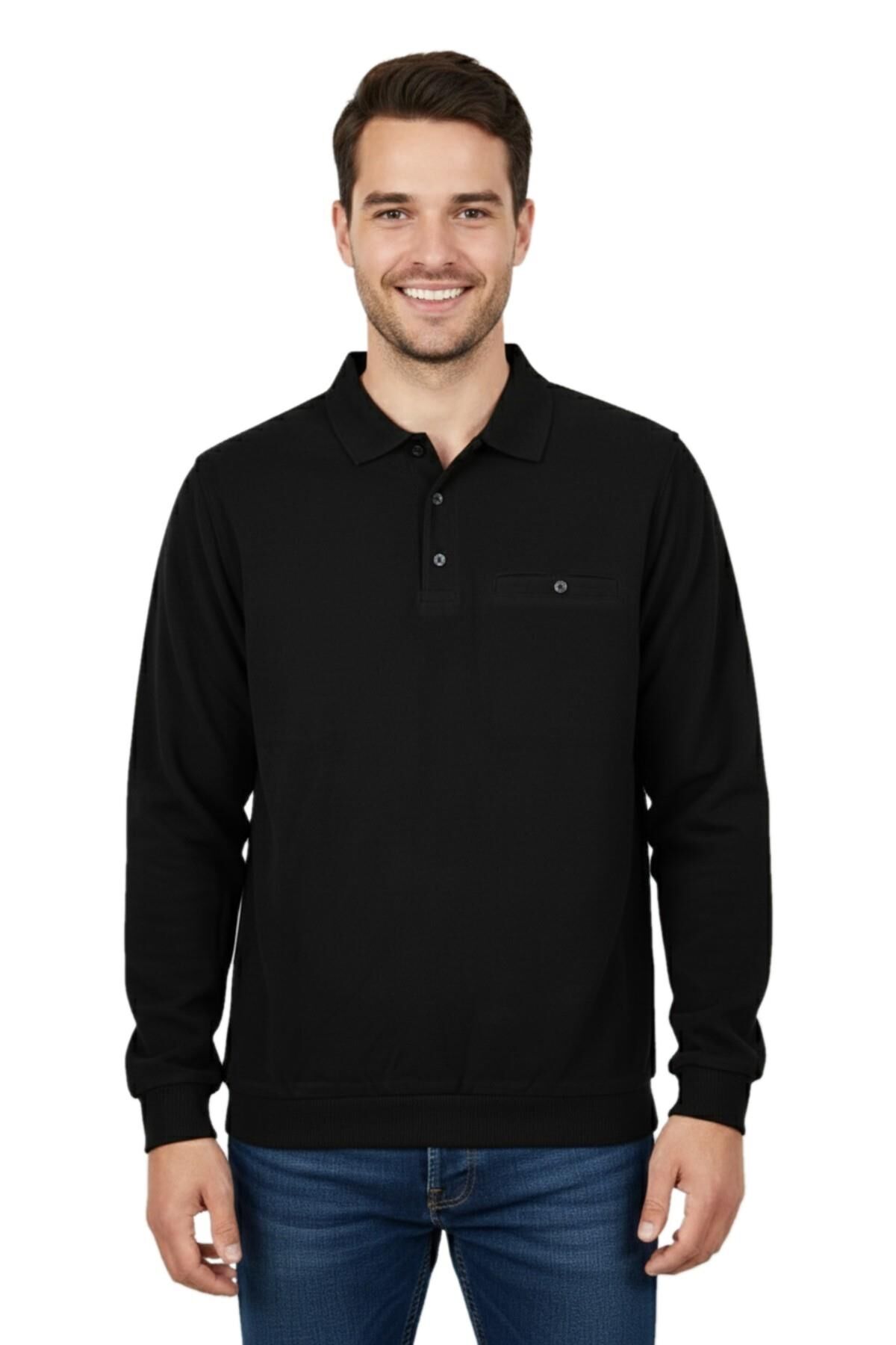 Erkek Büyük Beden Polo Yaka Cepli Selanik Sweatshirt BGL-ST04925 SİYAH - 4XL