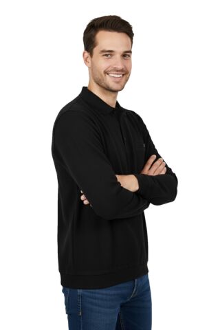 Erkek Büyük Beden Polo Yaka Cepli Selanik Sweatshirt BGL-ST04925 SİYAH - 4XL