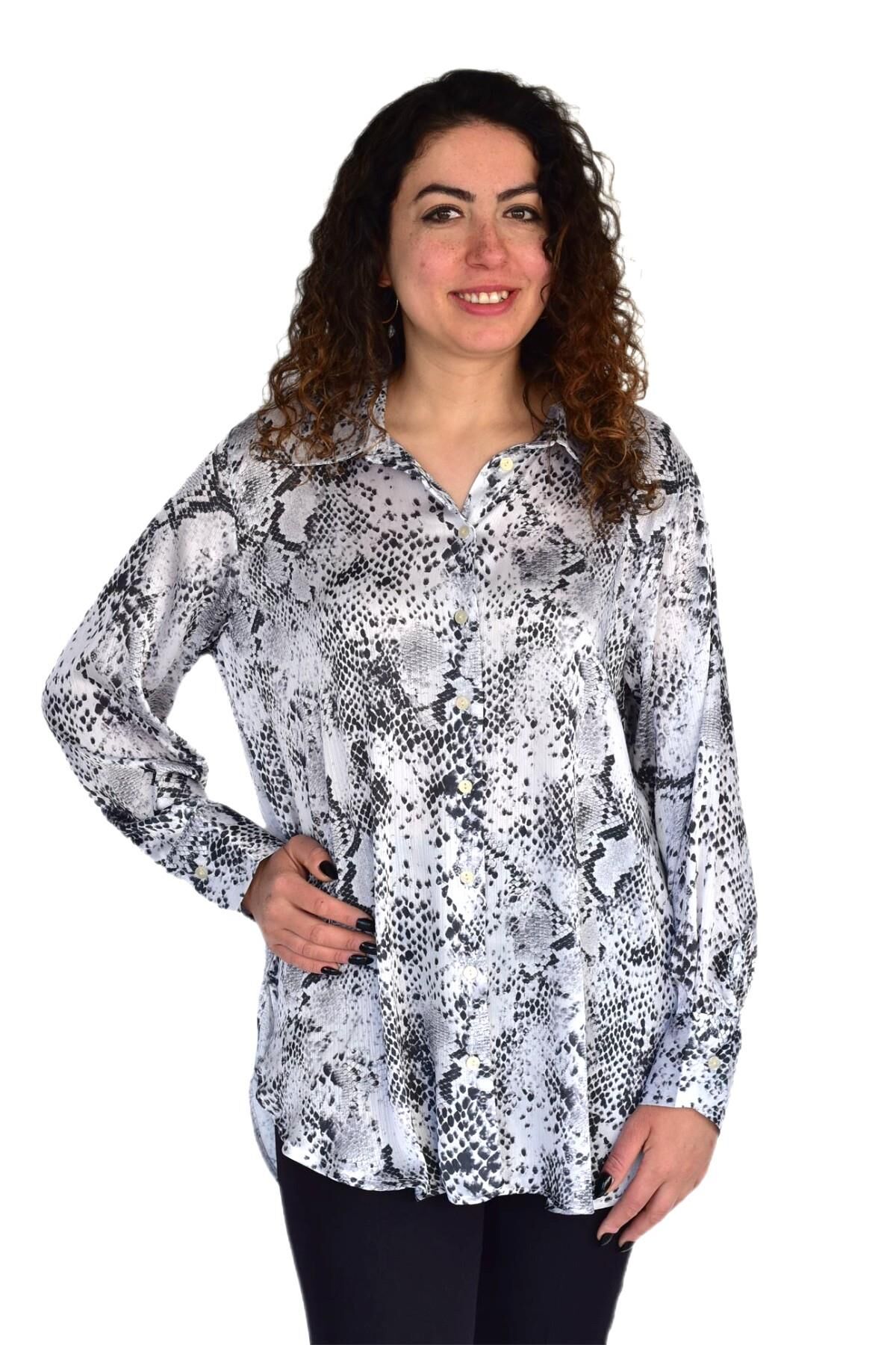 Kadın Leopar Desen Şifon Gömlek BGL-ST04235 ANTRASİT - 48