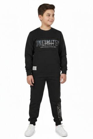 Erkek Çocuk Önü Baskılı Sweatshirt Ve Eşofman Alt Takım BGL-ST05247 SİYAH - 11 YAŞ