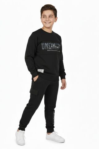 Erkek Çocuk Önü Baskılı Sweatshirt Ve Eşofman Alt Takım BGL-ST05247 SİYAH - 11 YAŞ