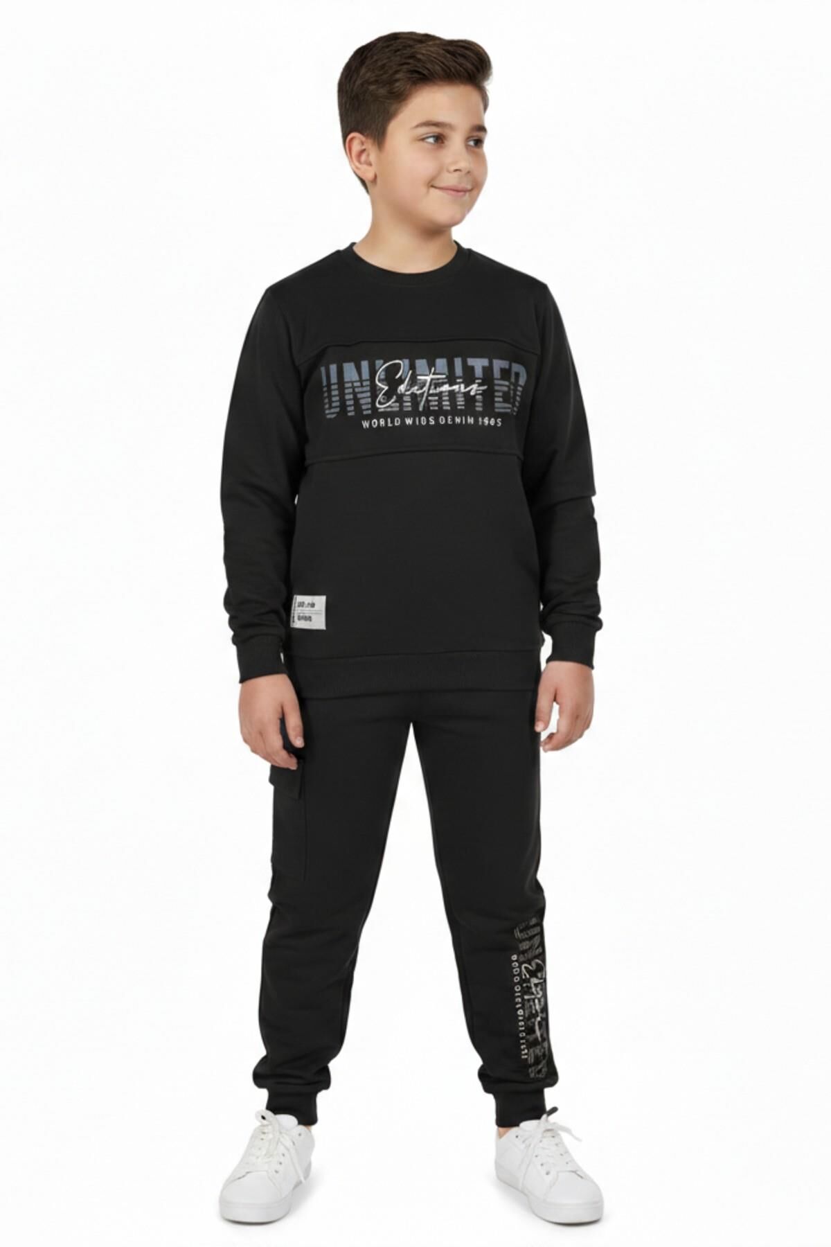Erkek Çocuk Önü Baskılı Sweatshirt Ve Eşofman Alt Takım BGL-ST05247 SİYAH - 12 YAŞ