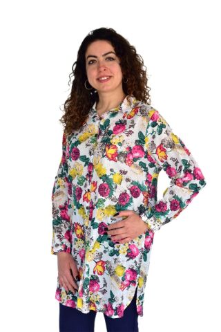 Kadın Çiçekli Desen Viscon Gömlek BGL-ST04238 PEMBE - 46