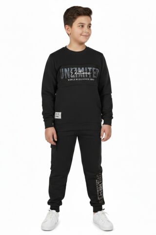 Erkek Çocuk Önü Baskılı Sweatshirt Ve Eşofman Alt Takım BGL-ST05247 SİYAH - 14 YAŞ