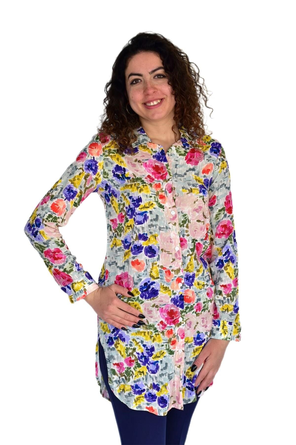 Kadın Gül Desen Viscon Gömlek BGL-ST04241
