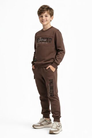 Erkek Çocuk Önü Baskılı Sweatshirt Ve Eşofman Alt Takım BGL-ST05247 VİZON - 13 YAŞ