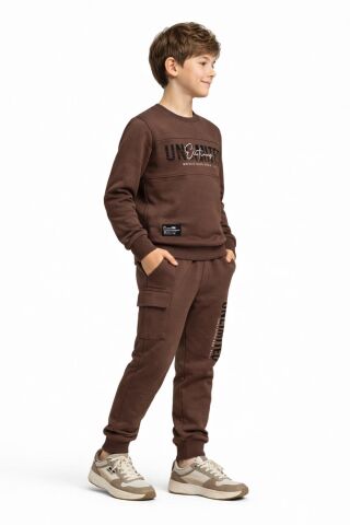 Erkek Çocuk Önü Baskılı Sweatshirt Ve Eşofman Alt Takım BGL-ST05247 VİZON - 13 YAŞ