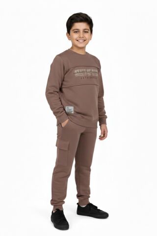 Erkek Çocuk Önü Baskılı Sweatshirt Ve Eşofman Alt Takım BGL-ST05248 VİZON - 9 YAŞ