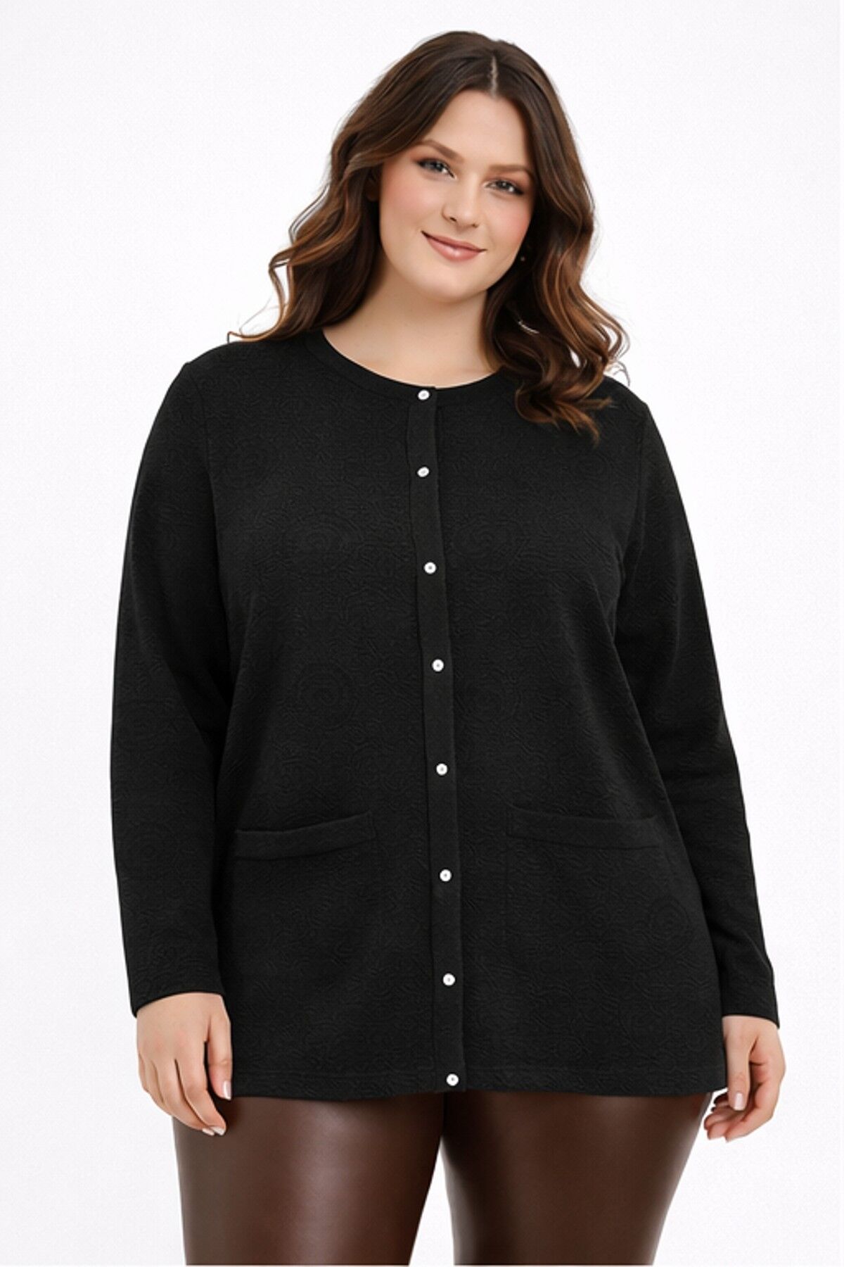 Kadın Anne Triko Hırka Kabartma Şal Desen BGL-ST05303 SİYAH - XL