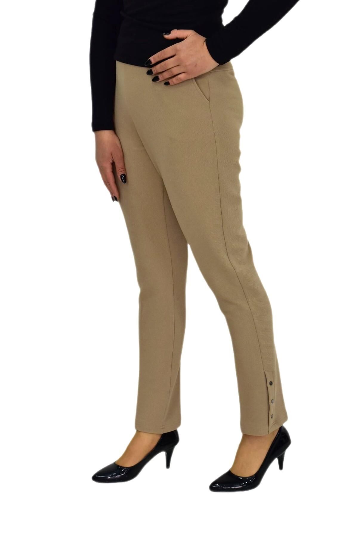 Kadın Paça Puntalı Beli Lastikli Kumaş Pantolon BGL-ST04323 BEJ - 54