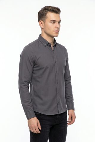Erkek Spor Slim Fit Uzun Kol Petek Dokulu Gömlek BGL-ST05482 FÜME - S