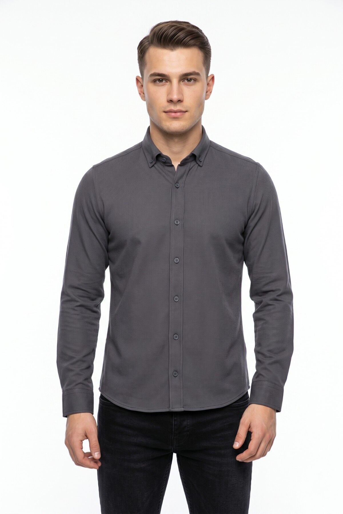 Erkek Spor Slim Fit Uzun Kol Petek Dokulu Gömlek BGL-ST05482 FÜME - M