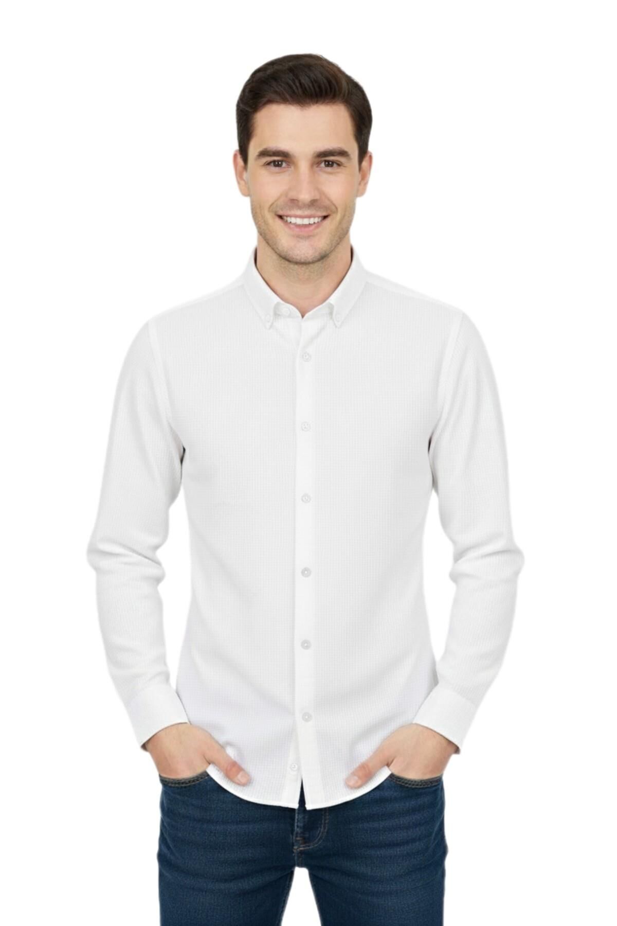 Erkek Spor Slim Fit Uzun Kol Petek Dokulu Gömlek BGL-ST04823 BEYAZ - M