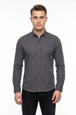 Erkek Spor Slim Fit Uzun Kol Petek Dokulu Gömlek BGL-ST05482 FÜME - L