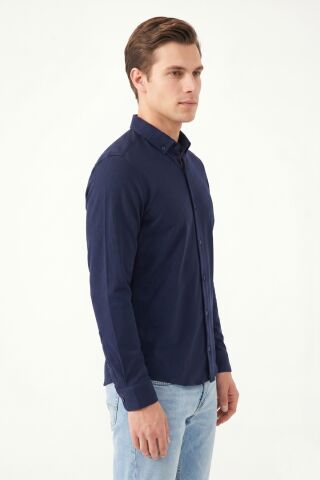 Erkek Spor Slim Fit Uzun Kol Petek Dokulu Gömlek BGL-ST05482 LACİVERT - S
