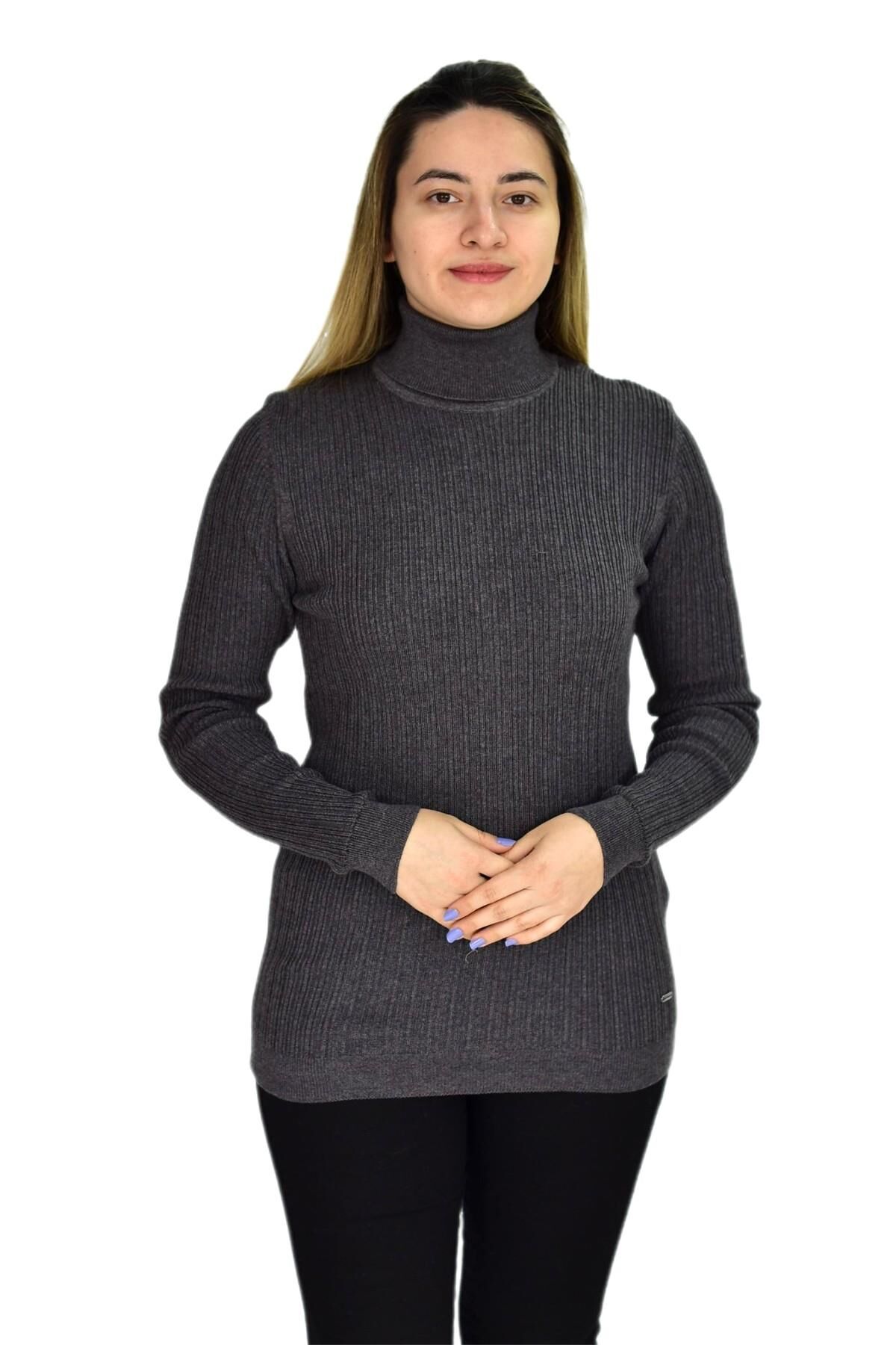 Kadın Büyük Beden Balıkçı Yaka Kazak R22897 BGL-ST03178-1 ANTRASİT - L
