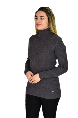Kadın Büyük Beden Balıkçı Yaka Kazak R22897 BGL-ST03178-1 ANTRASİT - L