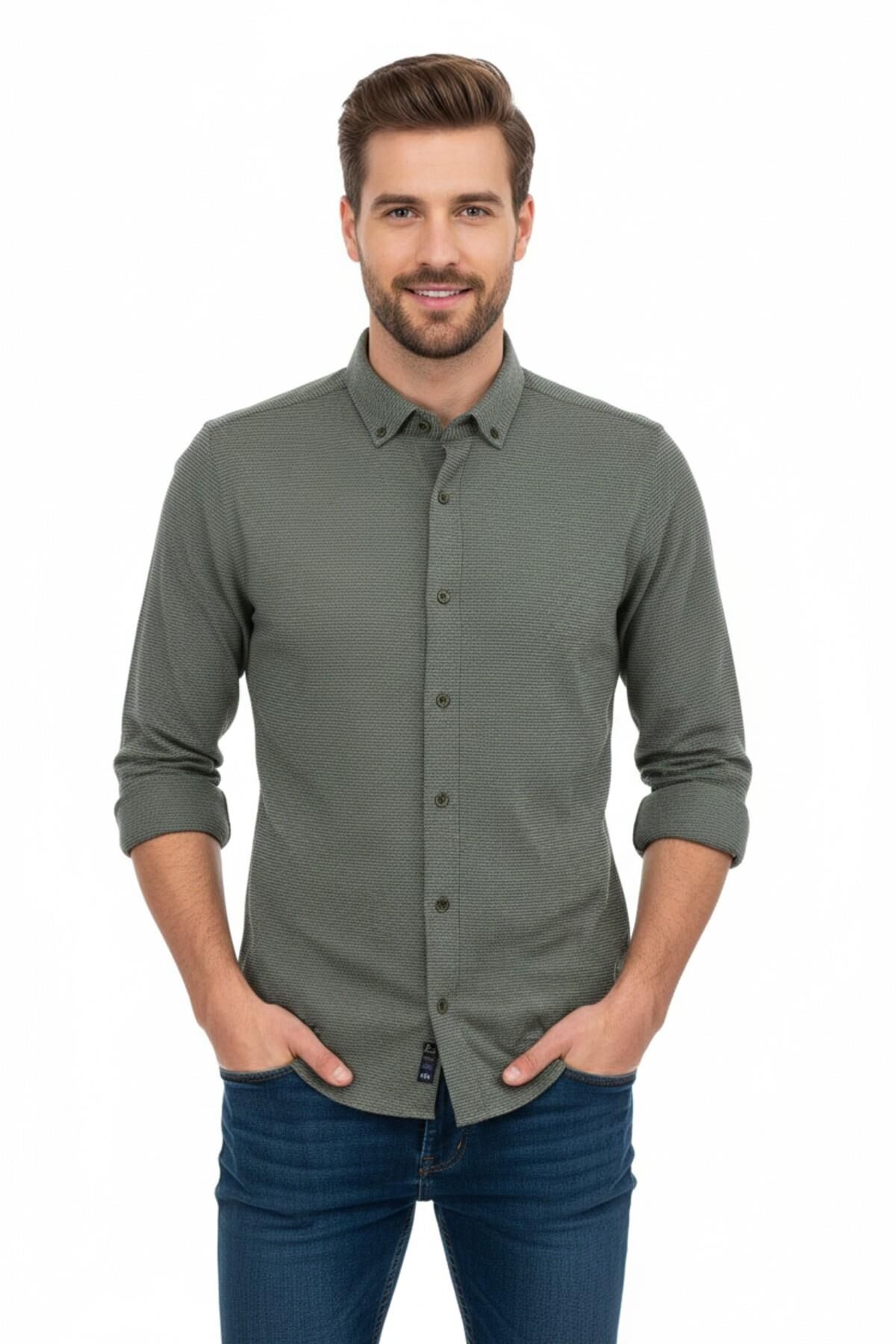 Erkek Spor Slim Fit Uzun Kol Petek Dokulu Gömlek BGL-ST04823 HAKİ - S