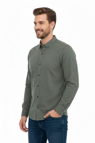 Erkek Spor Slim Fit Uzun Kol Petek Dokulu Gömlek BGL-ST04823 HAKİ - S