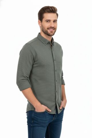 Erkek Spor Slim Fit Uzun Kol Petek Dokulu Gömlek BGL-ST04823 HAKİ - S