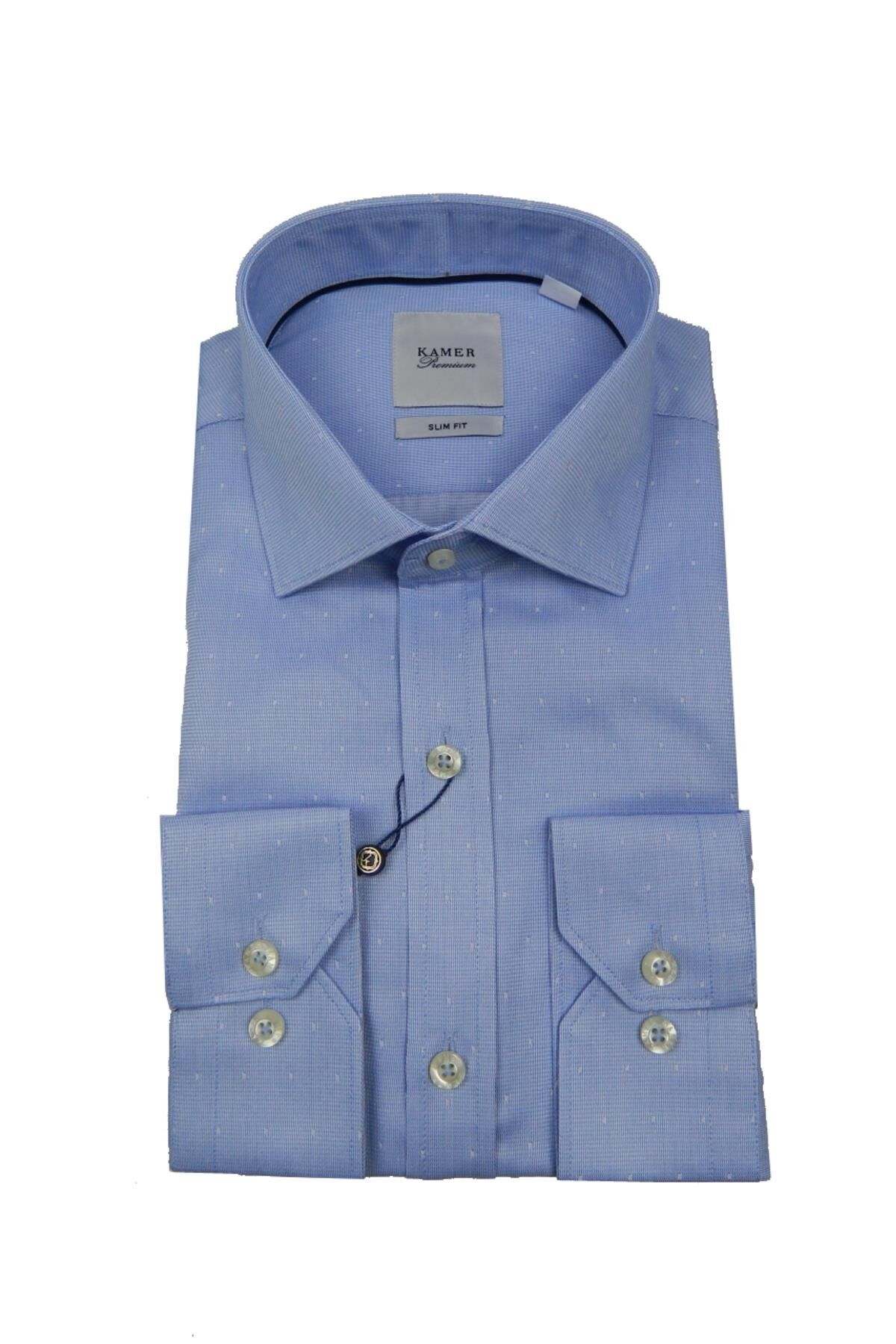 Erkek Slim Fit Puantiyeli Gömlek 1056 BGL-ST02518 K.MAVİ - XS