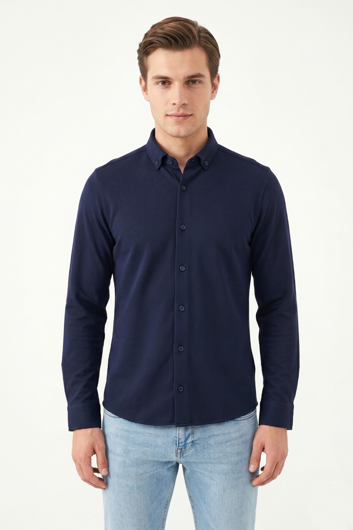 Erkek Spor Slim Fit Uzun Kol Petek Dokulu Gömlek BGL-ST05482 LACİVERT - XL