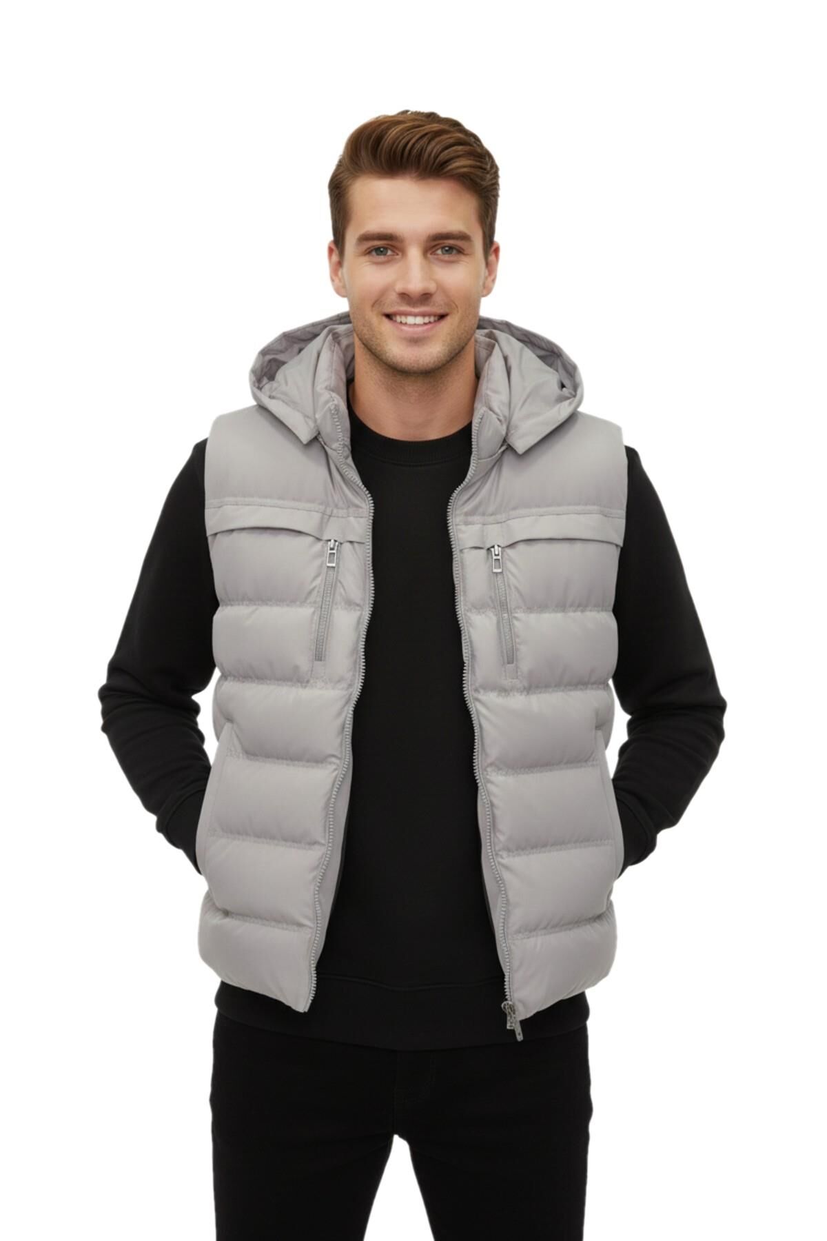 Erkek Kapüşonlu Spor Yelek 4021 BGL-ST04900 TAŞ - L