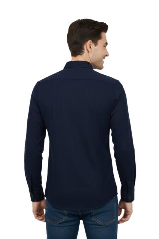 Erkek Spor Slim Fit Uzun Kol Petek Dokulu Gömlek BGL-ST04823 LACİVERT - S