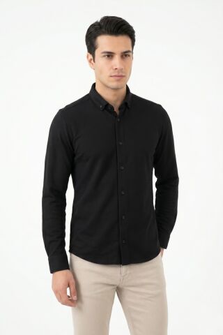 Erkek Spor Slim Fit Uzun Kol Petek Dokulu Gömlek BGL-ST05482 SİYAH - M