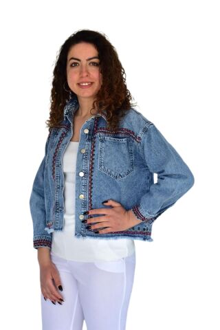 Kadın Nakışlı Kot Gömlek BGL-ST04245 MAVİ - S