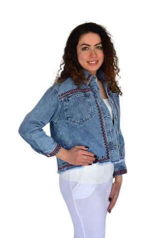 Kadın Nakışlı Kot Gömlek BGL-ST04245 MAVİ - S