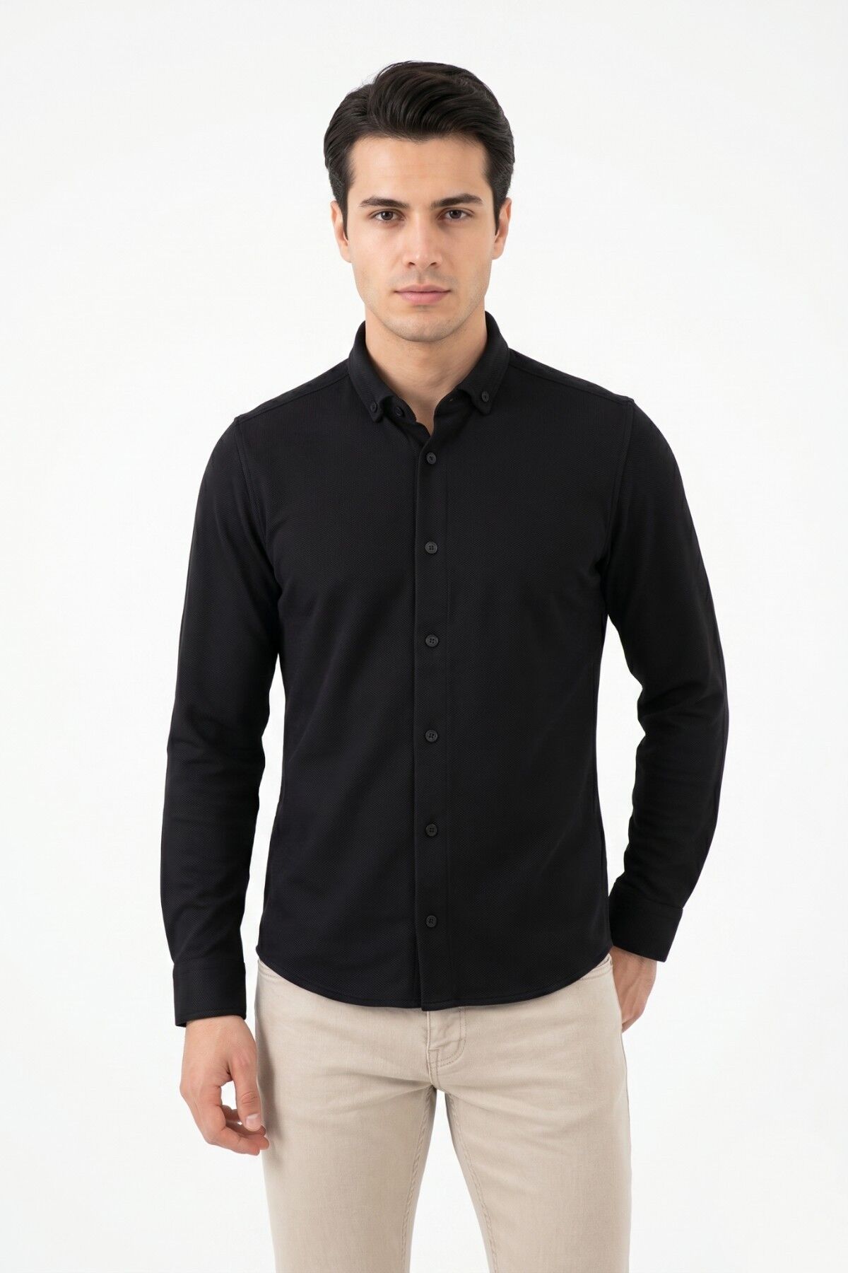 Erkek Spor Slim Fit Uzun Kol Petek Dokulu Gömlek BGL-ST05482 SİYAH - L