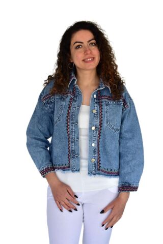 Kadın Nakışlı Kot Gömlek BGL-ST04245 MAVİ - M