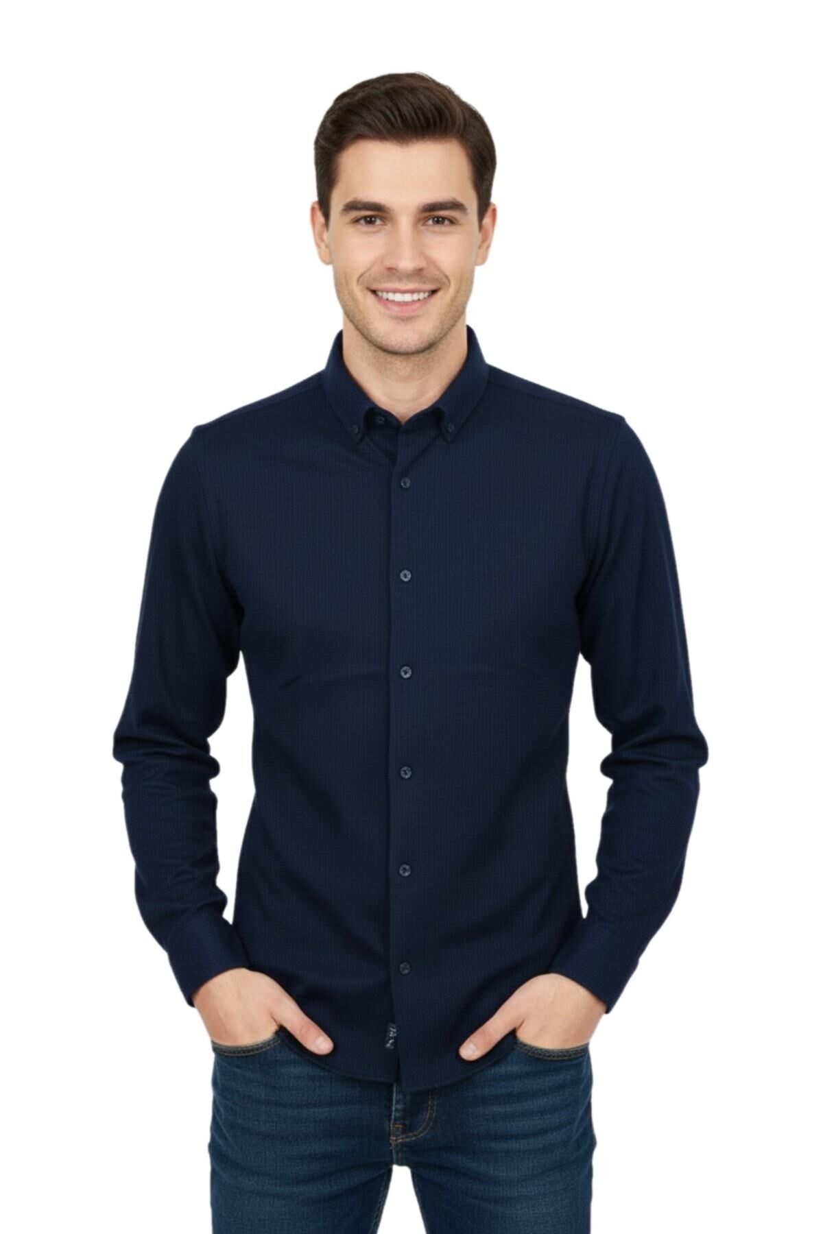 Erkek Spor Slim Fit Uzun Kol Petek Dokulu Gömlek BGL-ST04823 LACİVERT - L