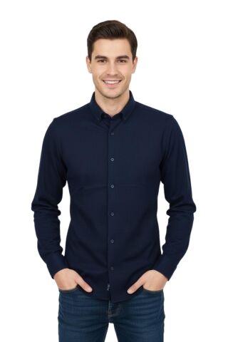 Erkek Spor Slim Fit Uzun Kol Petek Dokulu Gömlek BGL-ST04823 LACİVERT - L