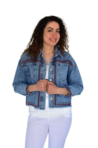 Kadın Nakışlı Kot Gömlek BGL-ST04245 MAVİ - L