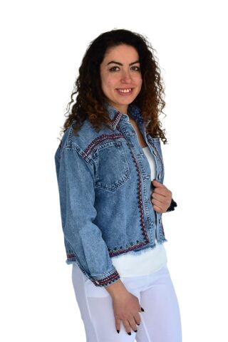 Kadın Nakışlı Kot Gömlek BGL-ST04245 MAVİ - L