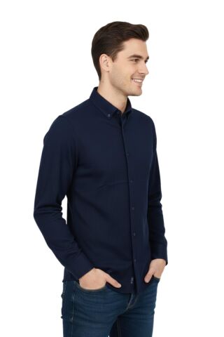 Erkek Spor Slim Fit Uzun Kol Petek Dokulu Gömlek BGL-ST04823 LACİVERT - XL