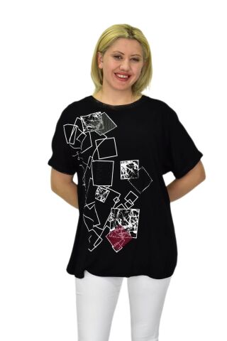 Kadın Siyah Kısa Kol Yaka Fileli Baskılı Bluz BGL-ST03790 SİYAH - 2XL