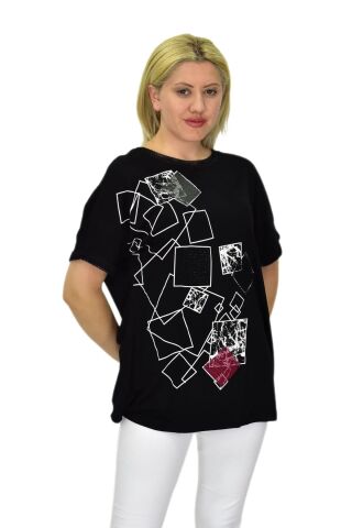 Kadın Siyah Kısa Kol Yaka Fileli Baskılı Bluz BGL-ST03790 SİYAH - 2XL