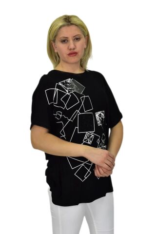 Kadın Siyah Kısa Kol Yaka Fileli Baskılı Bluz BGL-ST03790 SİYAH - 2XL