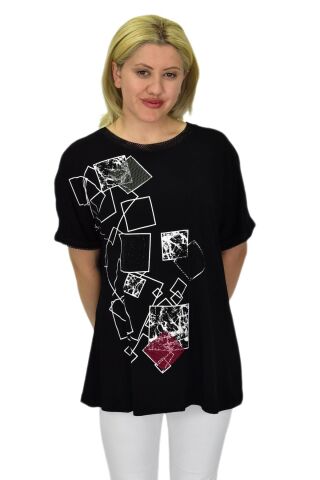 Kadın Siyah Kısa Kol Yaka Fileli Baskılı Bluz BGL-ST03790 SİYAH - 2XL