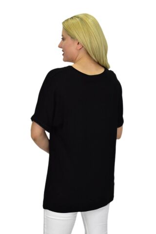 Kadın Siyah Kısa Kol Yaka Fileli Baskılı Bluz BGL-ST03790 SİYAH - 2XL