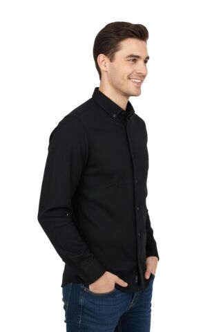 Erkek Spor Slim Fit Uzun Kol Petek Dokulu Gömlek BGL-ST04823 SİYAH - S
