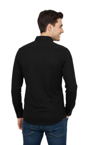 Erkek Spor Slim Fit Uzun Kol Petek Dokulu Gömlek BGL-ST04823 SİYAH - S