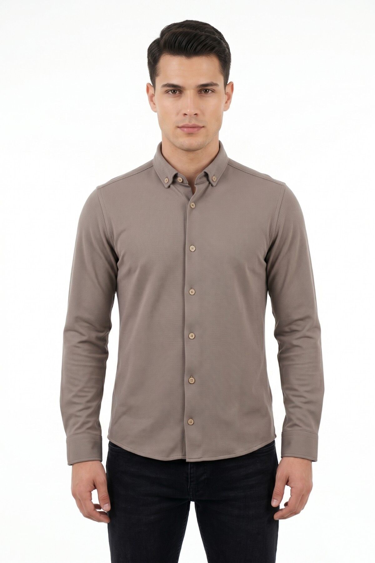 Erkek Spor Slim Fit Uzun Kol Petek Dokulu Gömlek BGL-ST05482 VİZON - M